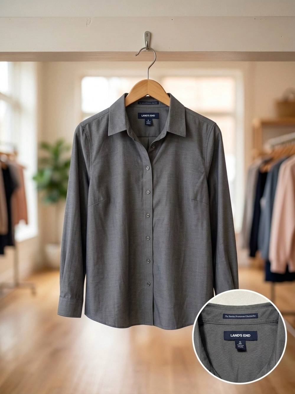 Lands' End Women's Gray Pinpoint Oxford Button-Down Shirt